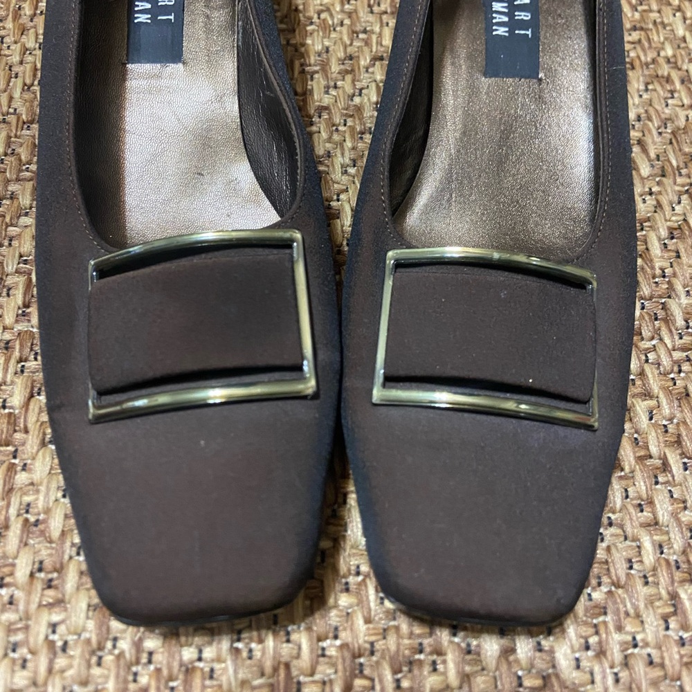 Vintage Stuart Weitzman Dark Brown Flats with Square Buckle & block heel, 11. - Picture 3 of 10